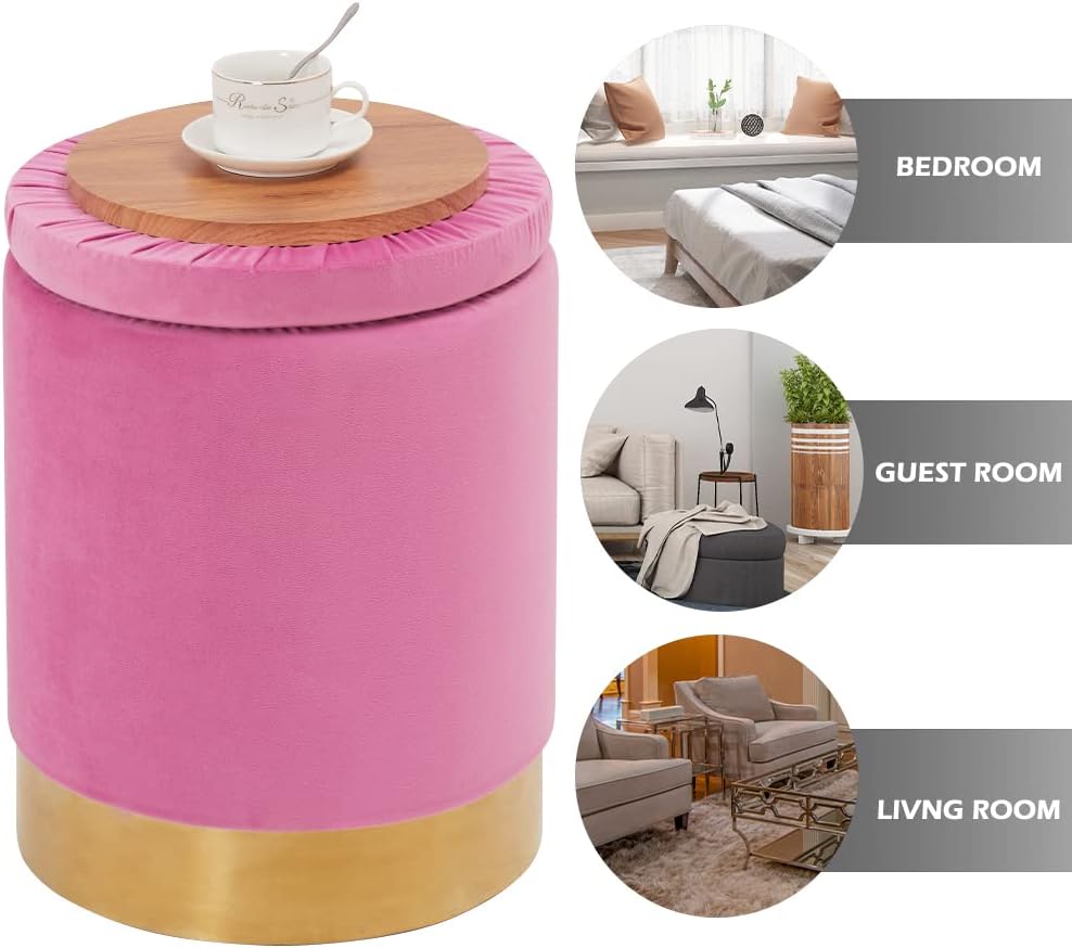 Velvet Storage Ottoman Multipurpose Footrest Stool with Metal Base Modern Round Vanity Stool Chair Ottoman Foot Stools Support 300 lbs Padded Seat for Living Room (Rose Pink)