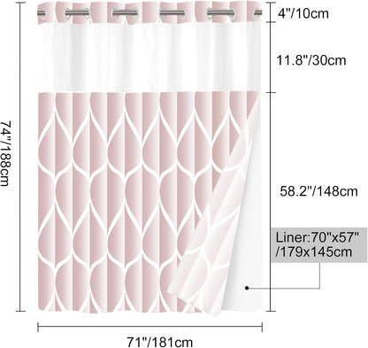 Yiatn No Hook Rosewater Pink Shower Curtain with Snap in Fabric Liner Set - Hotel Style with See Through Mesh Top Window, Modern Geometric Waterdrop Design,Waterproof and Washable, 71x74 INCH