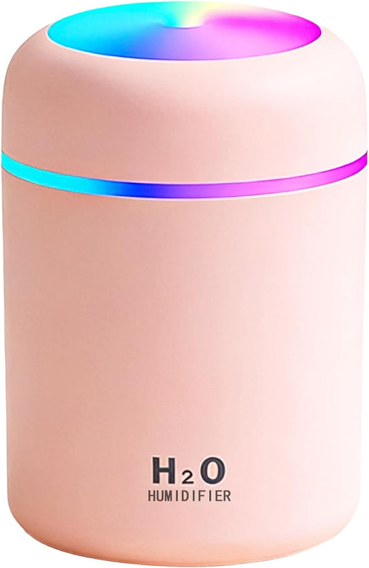 300ml USB Cool Mist Small Humidifier with Colorful Lights,Portable Mini Humidifier, Perfect for Bedroom, Office, Plants, travel & Car, Pink