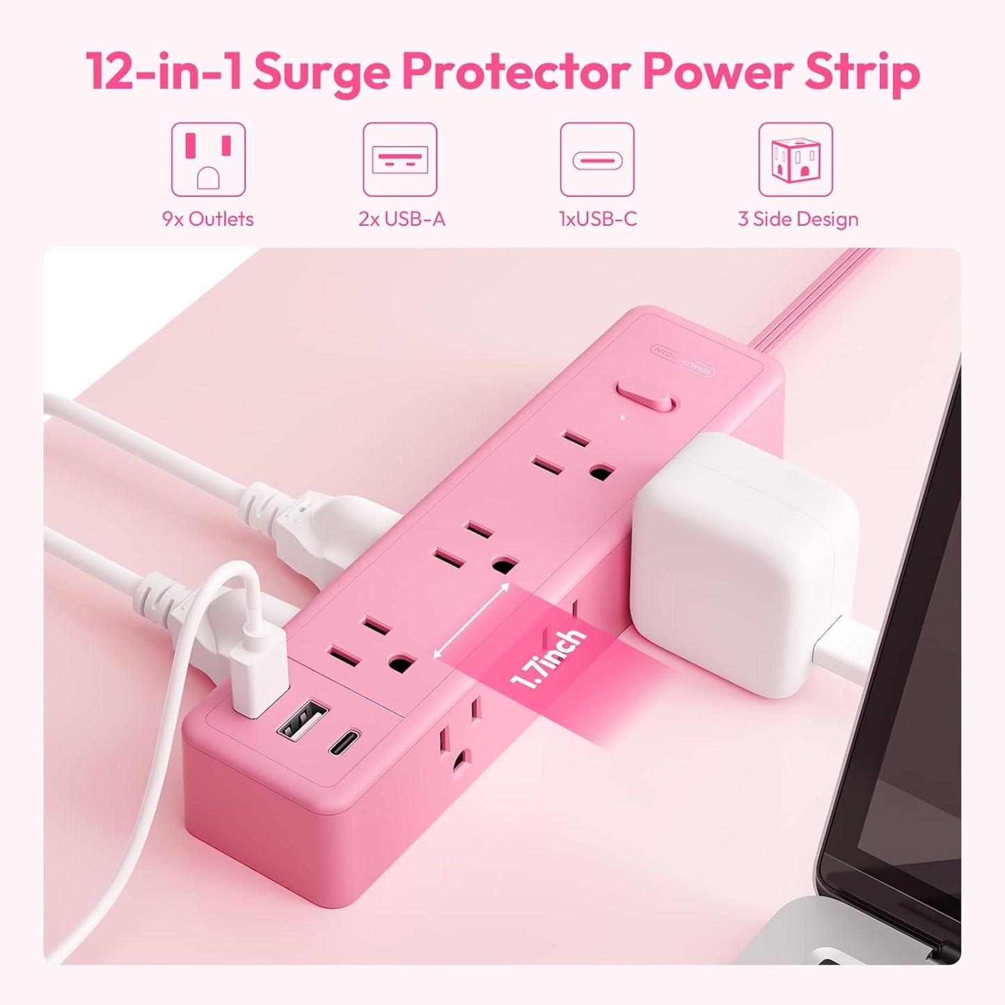 Pink Power Strip, NTONPOWER Power Strip Flat Extension Cord 15FT, 9 Outlets 3 USB Ports(1 USB C), Wall Mount, 1080J, Multiple Outlets for Home, Dorm, Vanity Desk, Nightstand,Women