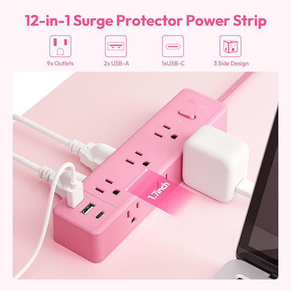 Pink Power Strip, NTONPOWER Power Strip Flat Extension Cord 15FT, 9 Outlets 3 USB Ports(1 USB C), Wall Mount, 1080J, Multiple Outlets for Home, Dorm, Vanity Desk, Nightstand,Women