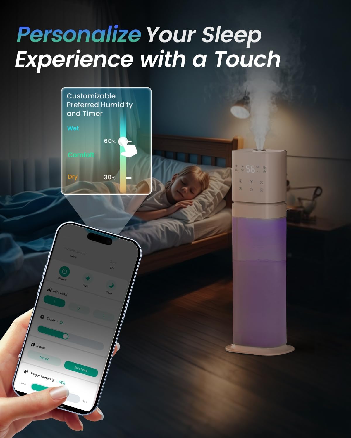 Humidifiers for Bedroom 2.1Gal/8L, Smart Humidifier for Large Room, Cool Mist Humidifiers for Home Kids Baby Plants, Top Fill Humidifier with Extension Tube, WIFI APP & Voice Control, Pink