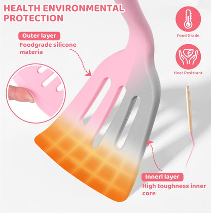 37 PCS Kitchen Utensils Set, Silicone Cooking Utensils Set with Knife Set and Holder, Wooden Handle Kitchen Tool Set (Pink)