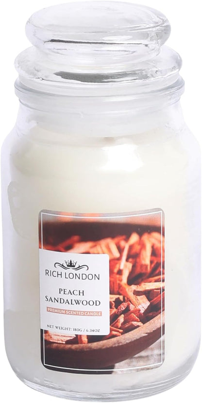 Rich London Peach Sandalwood Jar Candle – Highly Scented Soy Wax Candle with Cotton Wick & Essential Fragrance Oils for Relaxing Aromatherapy, Home Décor & Gifting