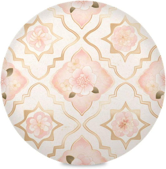 Rosette Pattern Peach Gold Floral Round Reversible placemats Heat Resistant Waterproof Set of 6 placemats for Dining Table 15.4x15.4in