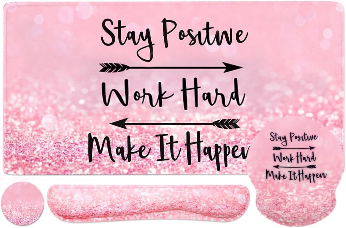 4-in-1 Gaming Mouse Pad Wrist Support Set，Desk Pad + Mouse Pad with Wrist Rest + Keyboard Wrist Rest + Coaster, Ergonomic Design for Home Office Study Game - Pink Stay Positive