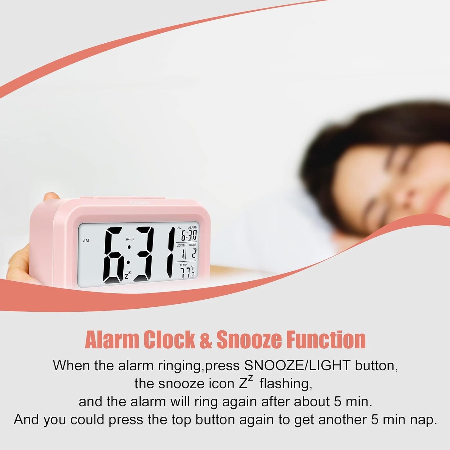 Miowachi Pink Digital Alarm Clock for Bedrooms Battery Operated,Snooze,Night Light Easy Setup Small Clock for Kids Kitchen Bathroom Office