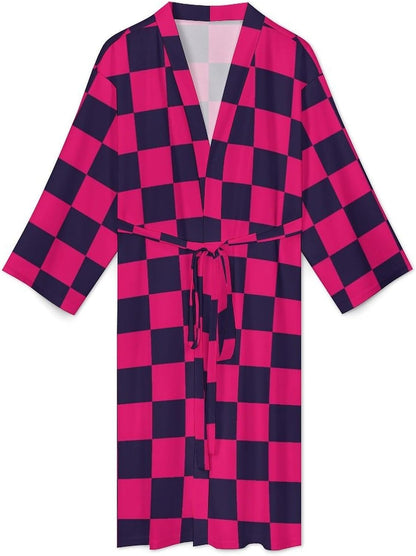 Navyblue Pink Checkered Print Robes for Men Women, Soft Bathrobe Lightweight Long Men Womens Robes Cozy Bath Robe