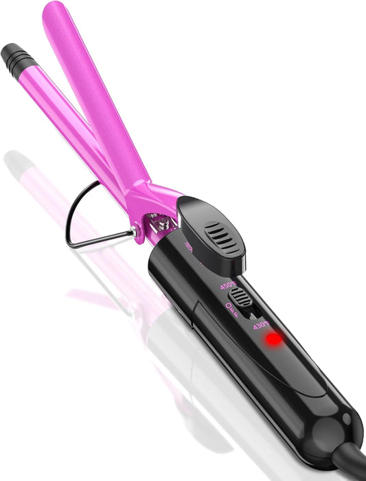 1/2 Inch Ceramic Small Curling Iron for Short Hair, Dual Voltage Hair Curler with 450°F/430°F Dual Heat Settings for Tight Curls, Pink