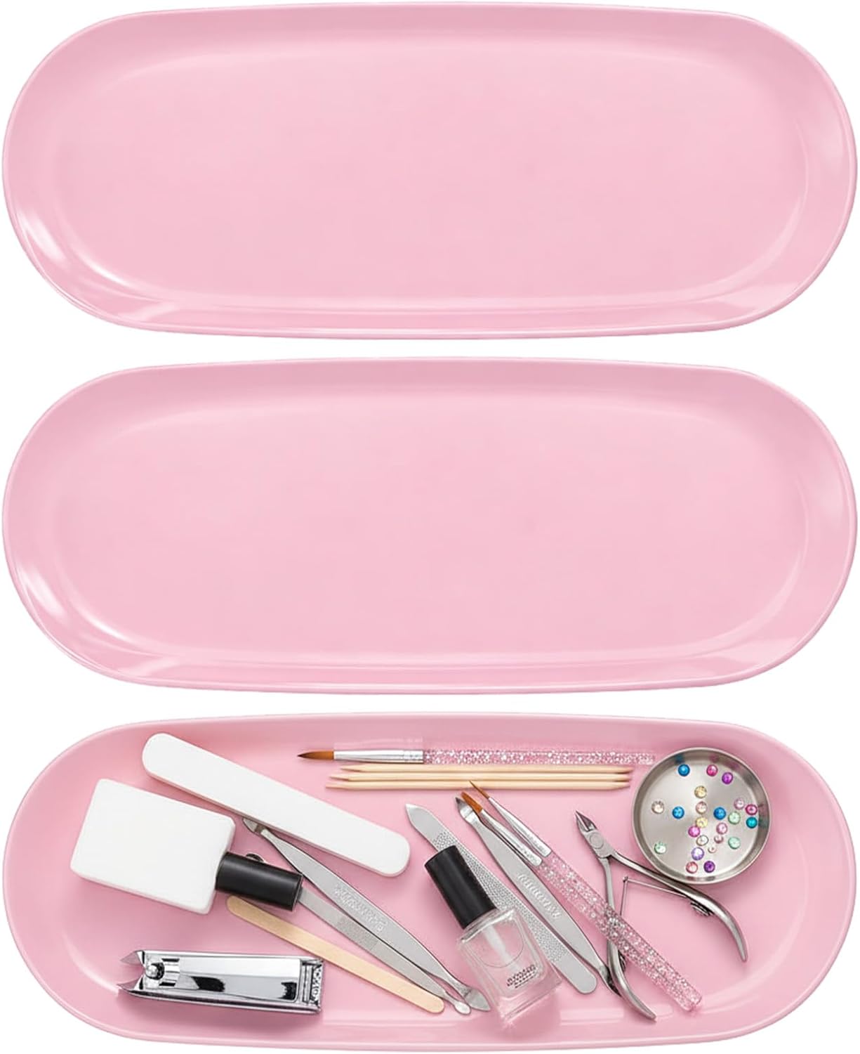 3 Pcs Small Plastic Pink Decorative Tray, 9 inch Manicure Tools Storage Tray, Jewelry Dish Cosmetics Organizer, Bathroom Clutter Serving Platter Small Storage Tray