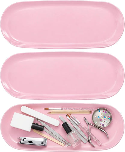 3 Pcs Small Plastic Pink Decorative Tray, 9 inch Manicure Tools Storage Tray, Jewelry Dish Cosmetics Organizer, Bathroom Clutter Serving Platter Small Storage Tray