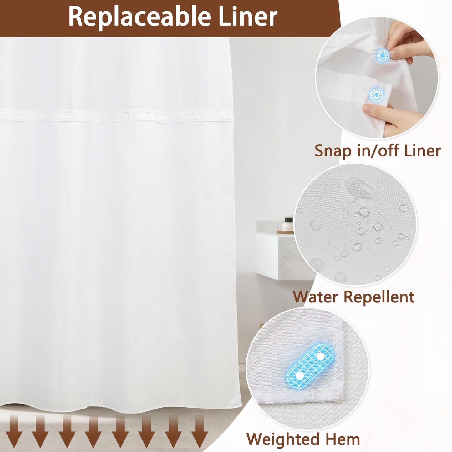 Pink Marble Shower Curtain with Snap in Liner, Modern Abstract Pink and Gold Art Bathroom Curtains Decor, Waterproof Fabric No Hook Shower Curtain with Top Mesh Window and Weighted Hem, 71x74 Inch