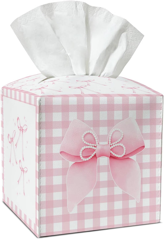 Pink Bow Tissue Box Covers Square, Pink and White Checkered Leather Tissue Box Holders Decorative for Car Nightstand Home Office Bathroom Organizer, Square Facial Paper Organizer Home Decor -018