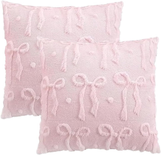 Set of 2 Pink Bow Throw Pillow Covers Decorative Cute Girl Soft Plush Faux Fur Pillowcase Coquette Aesthetic Decor for Couch Sofa Bedroom, 18x18 Inch