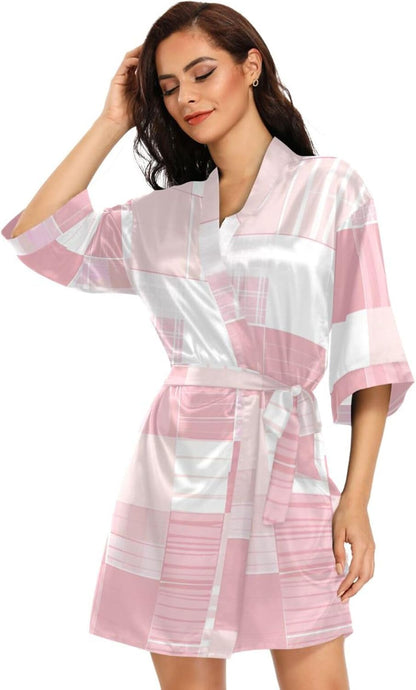Light Blush and White Checkered Pattern Womans Bathrobes Large Womans Robe for Bathroom