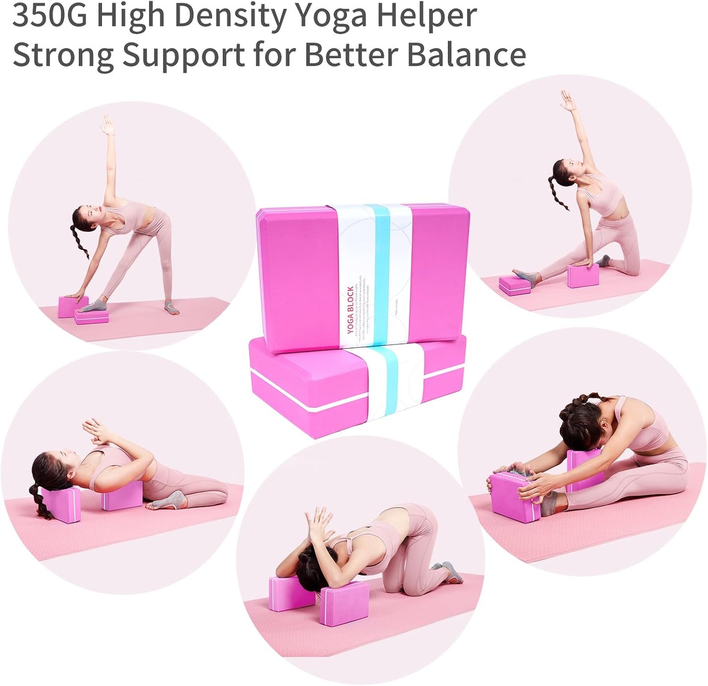 Yoga Blocks 2 Pack with Elastic Stretch Band & Bag – High Density Foam Yoga Blocks for Stability, Deep Stretching & Balance, 12-Loop Resistance Strap for Yoga, Pilates, Dance & Flexibility Training