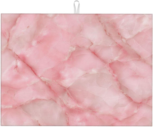 Light Pink Marble Tile Dish Drying Mat For Kitchen Counter, Drain Rack Mat Microfiber Quick Dry Dish Pad