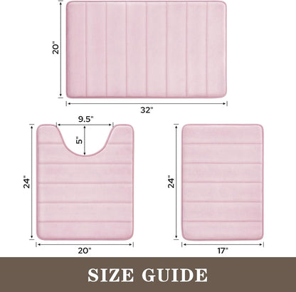 BYSURE Pink Memory Foam Bathroom Rug Set 3 Piece, Non Slip Extra Soft Absorbent Machine Washable Toilet Bath Toilet Mat (17"x24"+20"x32"+U Shape 20"x24")