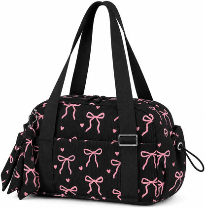 LOIDOU Aesthetic Dance Bag for Girls Corduroy Lightweight Bow Ballet Gymnastic Bag, Small Gym Bag for Women with Wet Dry Pocket, Cute Tote Bag Gifts for Birthday Christmas