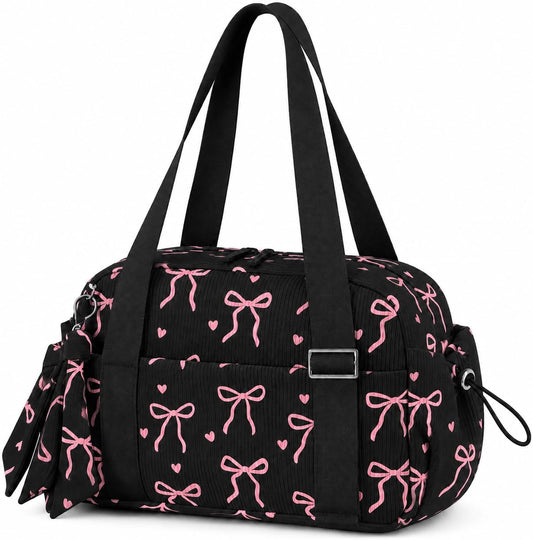 LOIDOU Aesthetic Dance Bag for Girls Corduroy Lightweight Bow Ballet Gymnastic Bag, Small Gym Bag for Women with Wet Dry Pocket, Cute Tote Bag Gifts for Birthday Christmas