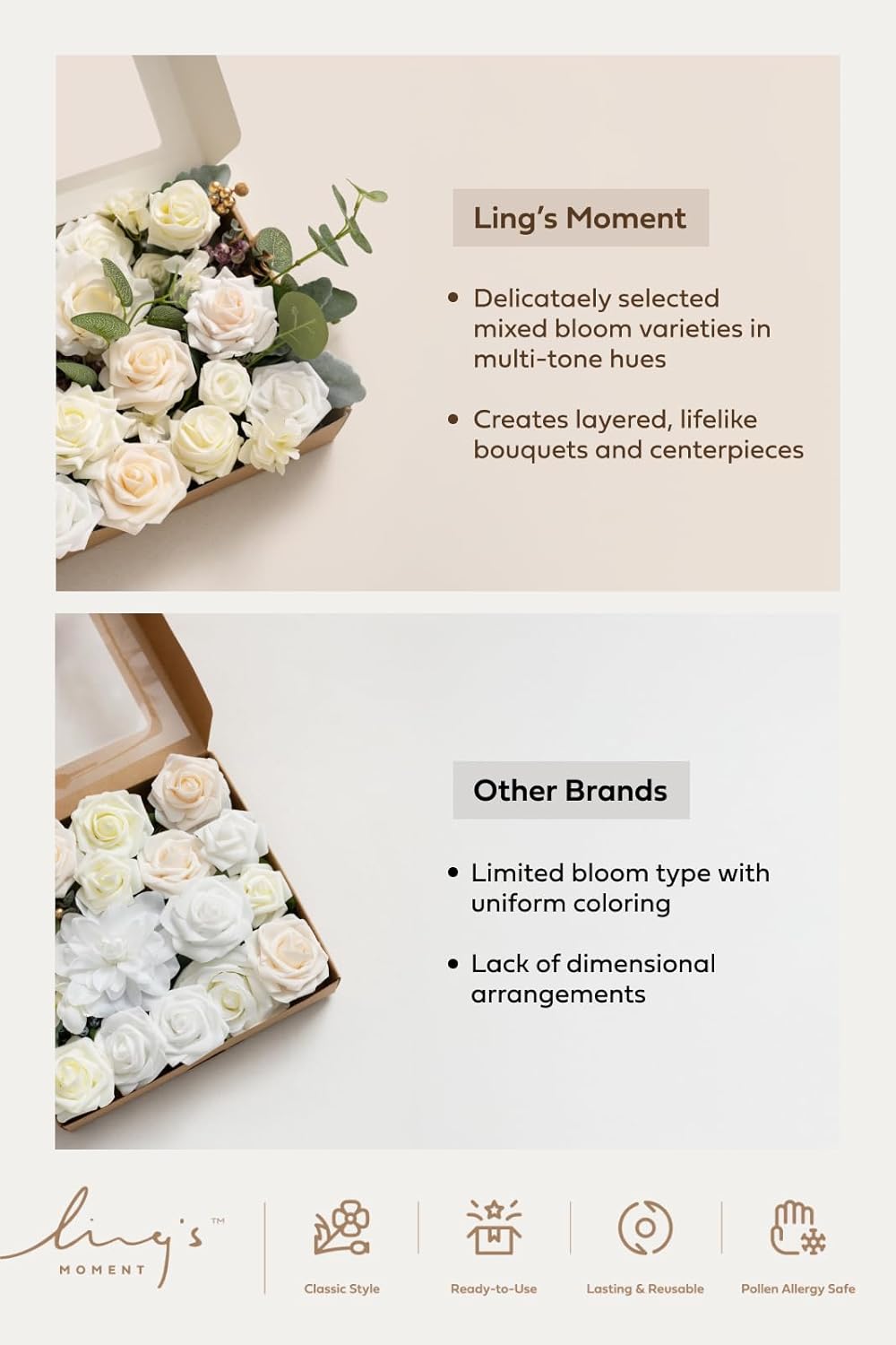 Ling's moment Fake Flowers Box, Faux Artificial Greenery Stems Foam Roses Gardenia Silk Ranunculus Peony Fabic Flower for Centerpieces Bouquet Wedding Vase, Dusty Rose & Pale Peach, Grand Combo