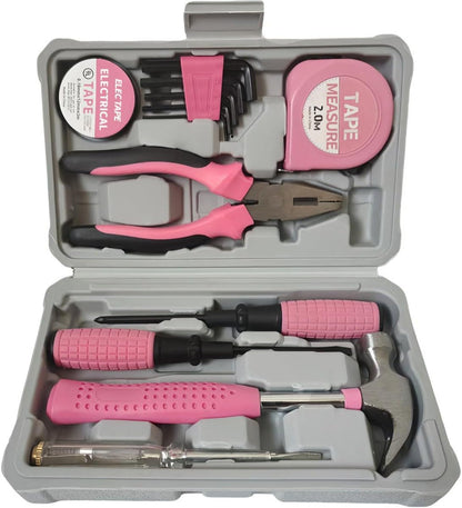 13-Piece Pink Household Tool Set with Carrying Case, Home Repair Kit with Hammer, Pliers, Screwdrivers, Tape Measure, Hex Keys