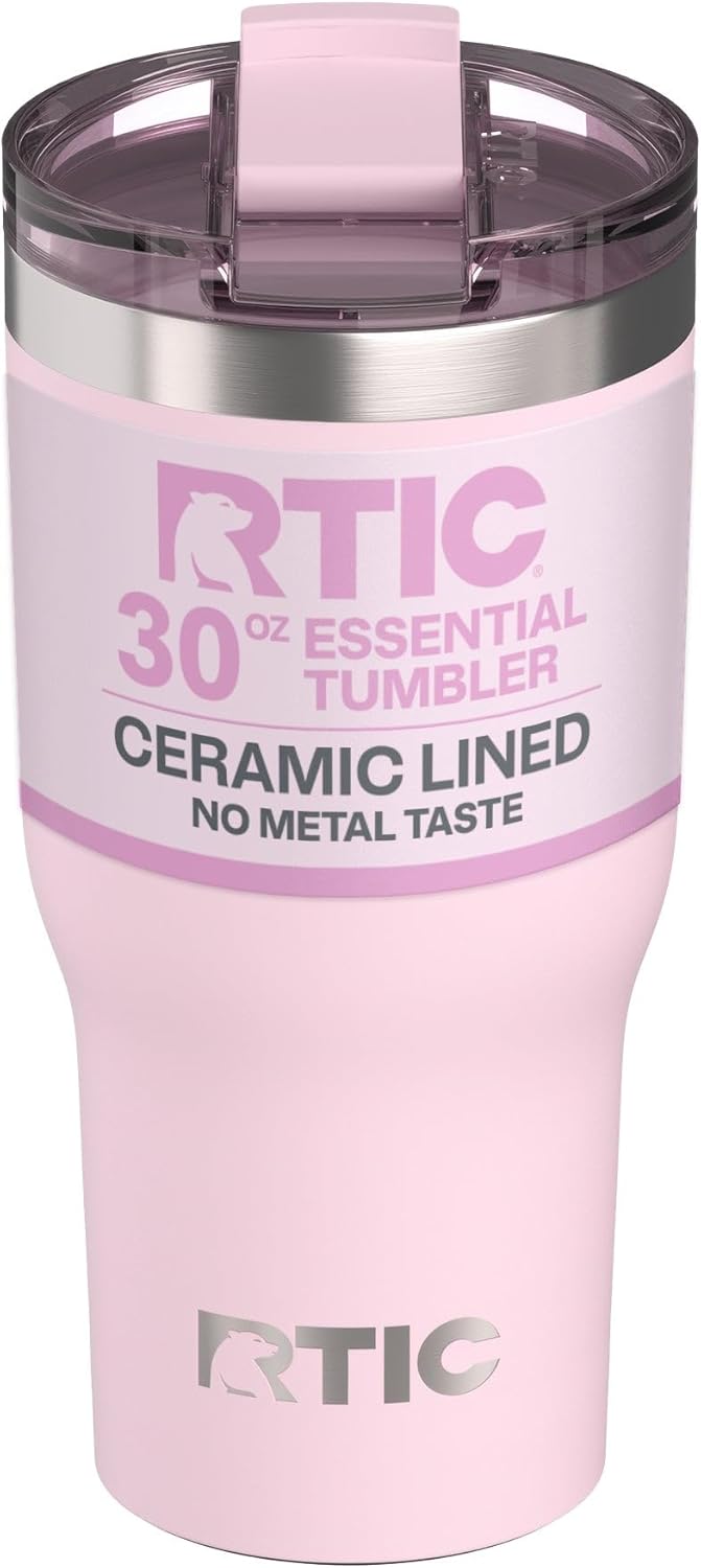 RTIC 30oz Essential Tumbler with Lid, Ceramic Lined, Insulated, Stainless Steel, Metal, Double Wall Vacuum-Insulation, Travel Cup for Iced Coffee, Tea, Hot and Cold Drink, Pale Pink
