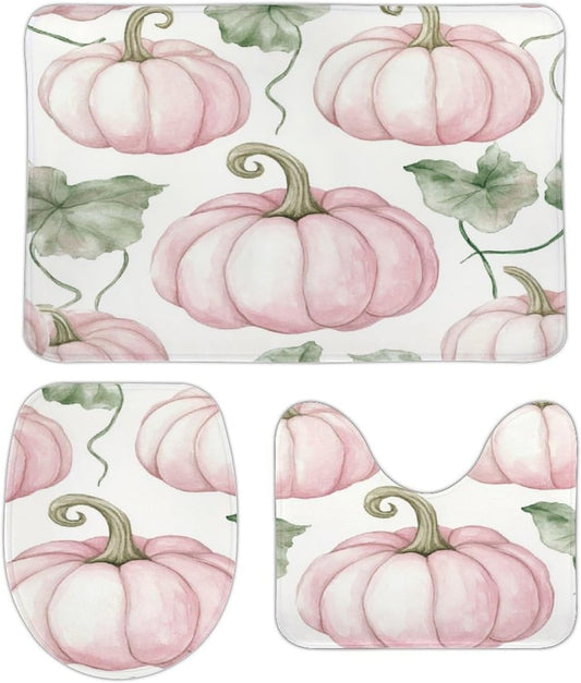 3 Pieces Bathroom Rug Set Light Pink Pumpkins Bath Rug and U-Shape Contoured Toilet Mat & Toilet Lid Cover Mat Farmhouse Thanksgiving Fall Bath Carpet Bath Mats 20"x32"