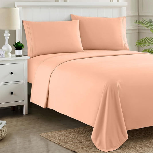 4-PC Soft Modern Elegant Premium Microfiber Bed Sheet Set California King Size | Contemporary Coral Peach Chic Solid Color Glam Pretty Stripe Embroidered Edges | Wrinkle Fade Resistant Luxury Bedding