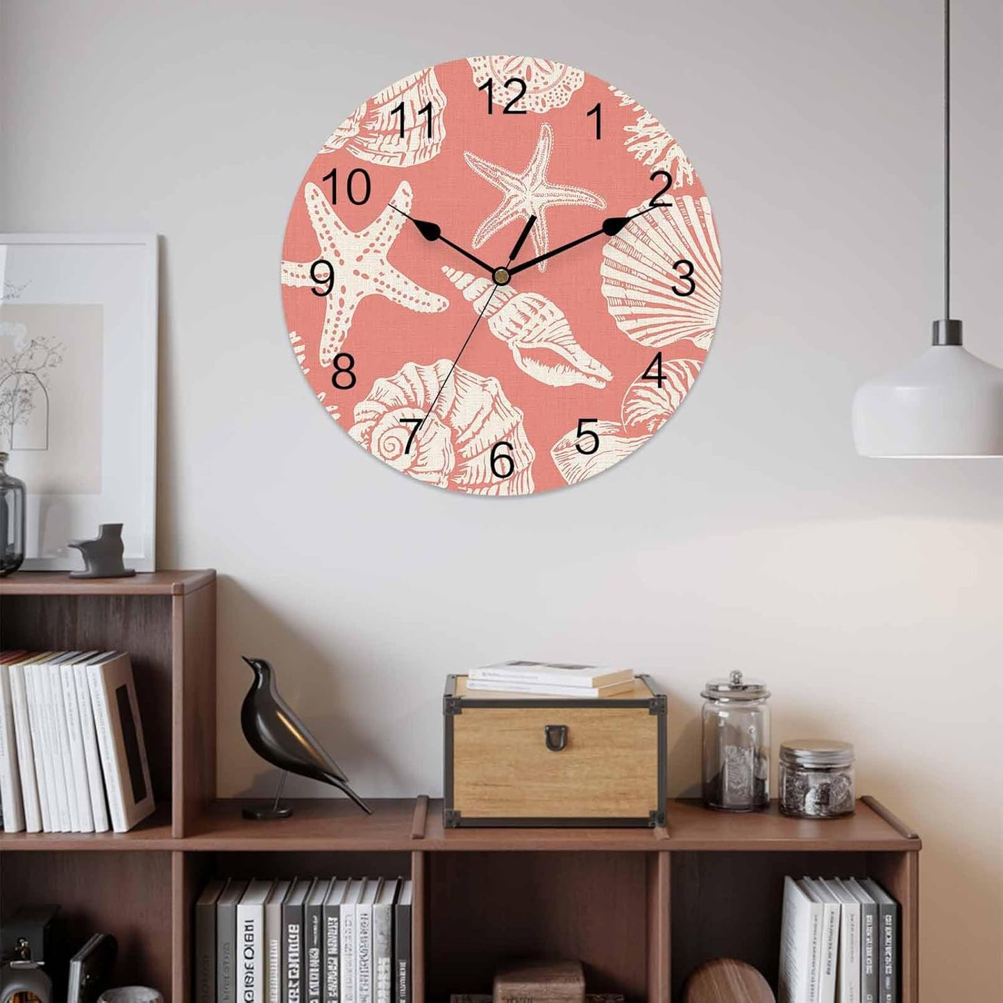 LooPoP Wall Clock Shell Starfish Clocks PVC Silent Non-Ticking Battery Operated Decorative Pink Coastal Coral Conch Round Clock for Home Living Room Kitchen Bedroom Office School Wall Decor 10 Inch