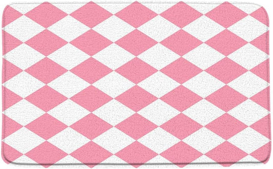 Checkered Bath Mat Pink White Cute Retro Checkerboard Geometric Plaid Modern Aesthetic Microfiber Memory Foam Bathroom Rug Doormat Kitchen Toilet Floor Rug