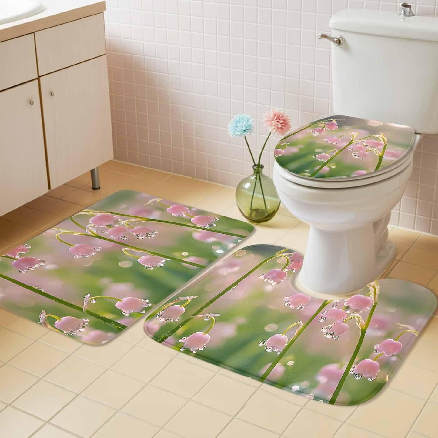 Bathroom Rugs and Mats Sets 3 Piece Pink Flower Bathroom Rugs Set Non Slip Water Absorbent Sunlight Dewdrop Scenery Shower Bath Mats U-Shape Contoured Toilet Mat Lid Cover 20"x31"+16"x18"+16"x20"