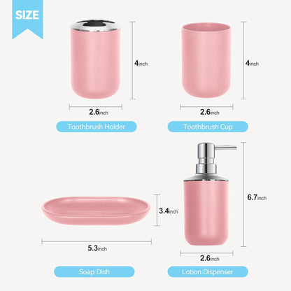 Pink Bathroom Accessories Set 4 PCS, Pink Bathroom Accessories, Plastic Soap Dispenser and Toothbrush Holder Set, Soap Dish and Mouthwash Cup, Boho Bathroom Decor, Bathroom Set