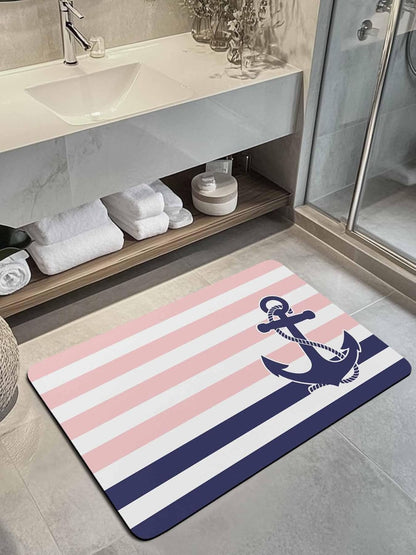 Anchor Pink Doormat Bath Mat Quick Dry Non Slip Rug with Rubber Modern Navy Blue White Striped Nautical Water Absorbing Mat for Bathroom Kitchen Front Door Laundry Room 30" x 18"