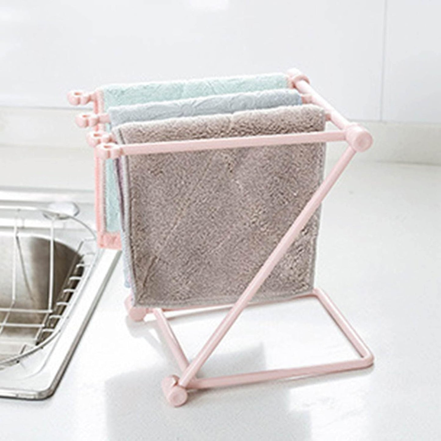 LICAEVEY Foldable Hand Towel Stand Rack for Water Cup Storage Hygienic Washcloth Holder (Light Pink)
