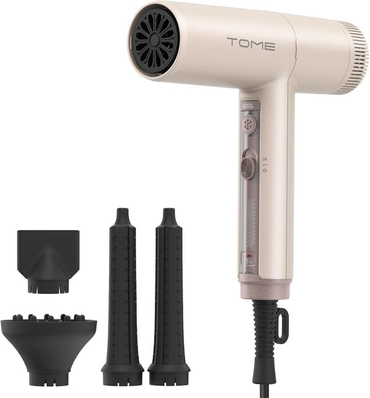 TOME Hair Dryer, 1875W High-Speed EC Motor 110,000 RPM Ionic Blow Dryer, Fast Drying, Cool Shot Lock, 3 Heat 2 Speed, 4 Attachments (Styling Nozzle, Diffuser, 2 Air-Powered Wrap Wands), 125V Pink