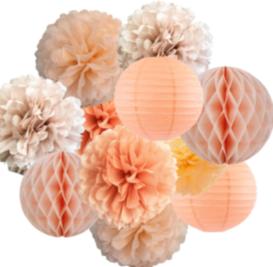 Pastel orange Color Hanging Decorations –Tissue Paper Flower PomPoms and lantern for Bridal Baby Shower Bachelorette Birthday Party Decor (Peach + Orange)
