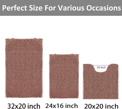Chenille Bathroom Rugs Set 3 Piece Bath Mats for Bathoom Non-Slip Luxury Bathroom Rug Extra Soft and Absorbent Shaggy Rugs Washable Dry Plush Area Carpet