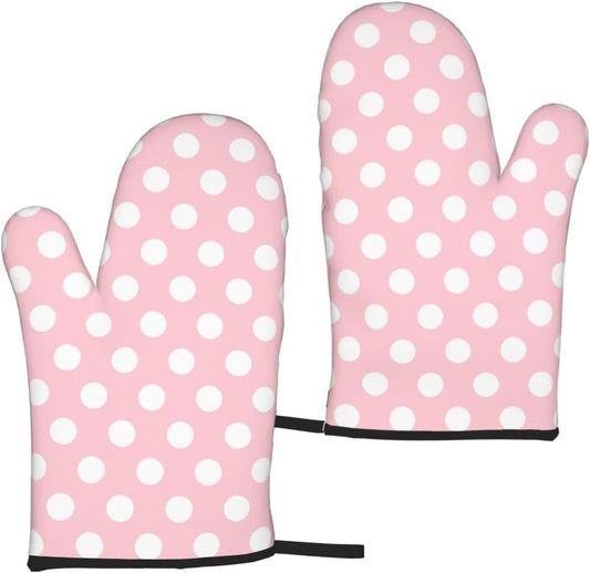 Light Pink Polka Dot Print Oven Mitts for Women, 2 Pack Cute Kitchen aid Oven Mitts Heat Resistant Gloves with Cotton Lining