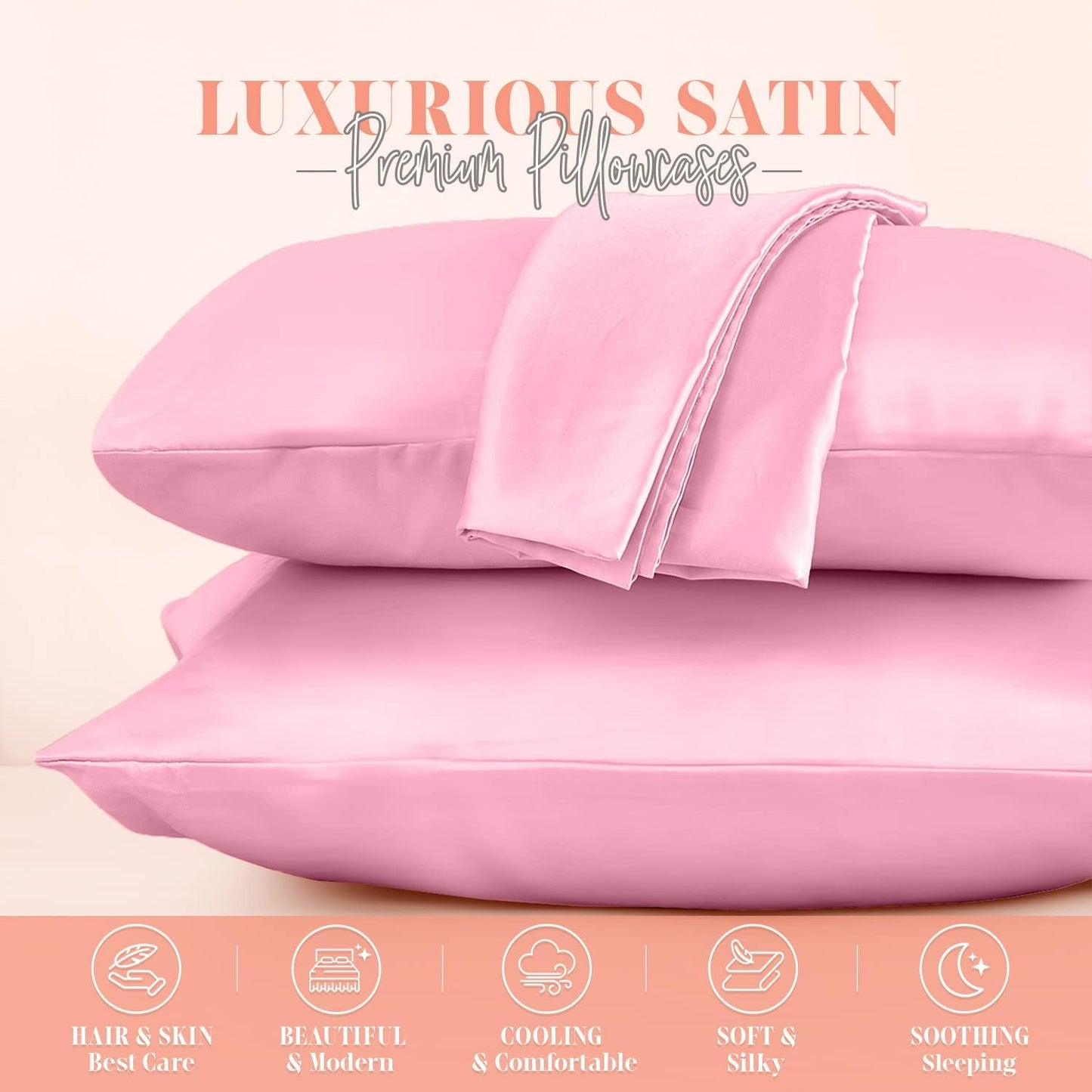 Elegant Comfort Silky and Luxurious 2-Piece Satin Pillowcase Set for Healthier Skin and Hair, Hidden Zipper Closure and Beautifully Packaged, Satin Pillowcase Set, Standard/Queen, Light Pink