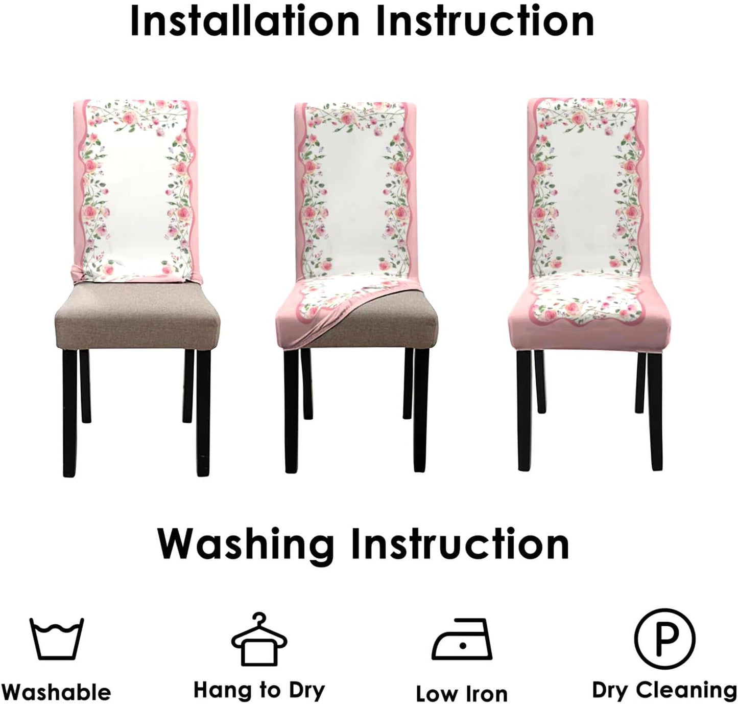 Valentine's Day Chair Covers Set of 4, Romantic Pink Rose Chairs Slipcover for Dining Room, Removable Washable Breathable Cover in the Kitchen Restaurant Holiday Decor