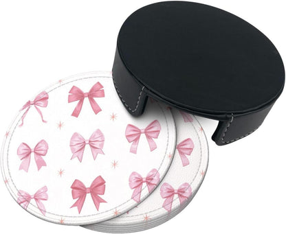 Nine Light Pink Bows Premium Leather Coasters, Set of 6 with Holder, Stylish Beverage Coasters for Kitchen Coffee Bar