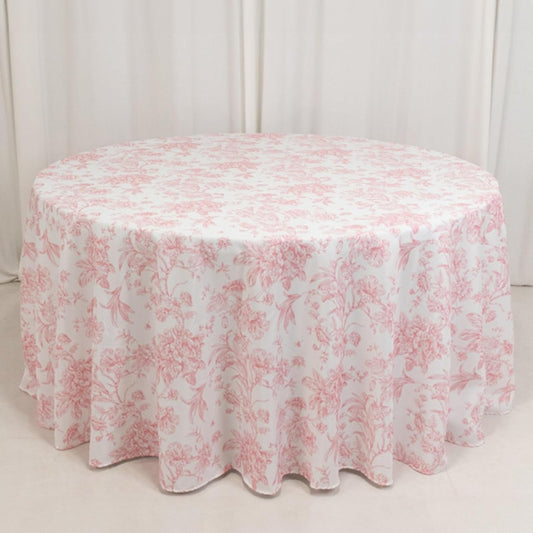 Efavormart Polyester Round Tablecloth 5pcs, 120" White with Pink French Toile Pattern - Sophisticated Table Cover for Chic Weddings & Events