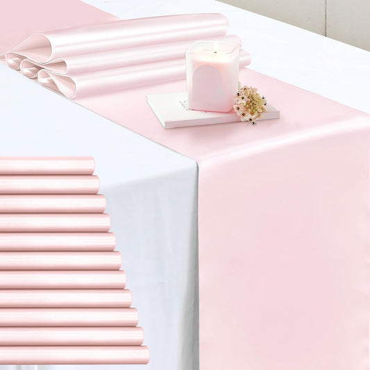 P Pothuiny 12 Pcs Light Pink Satin Table Runner 12 x 72 Inch Long Smooth Wedding Table Runners for Banquets, Graduations and Birthday Party Decoration