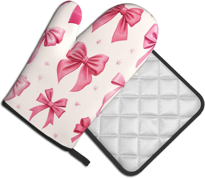 Light Pink Bows in Three Rows Oven Mitts and Pot Holders Sets,Heat Resistant Potholder Kitchen Decor for Cooking Baking BBQ, Oven Glove Set