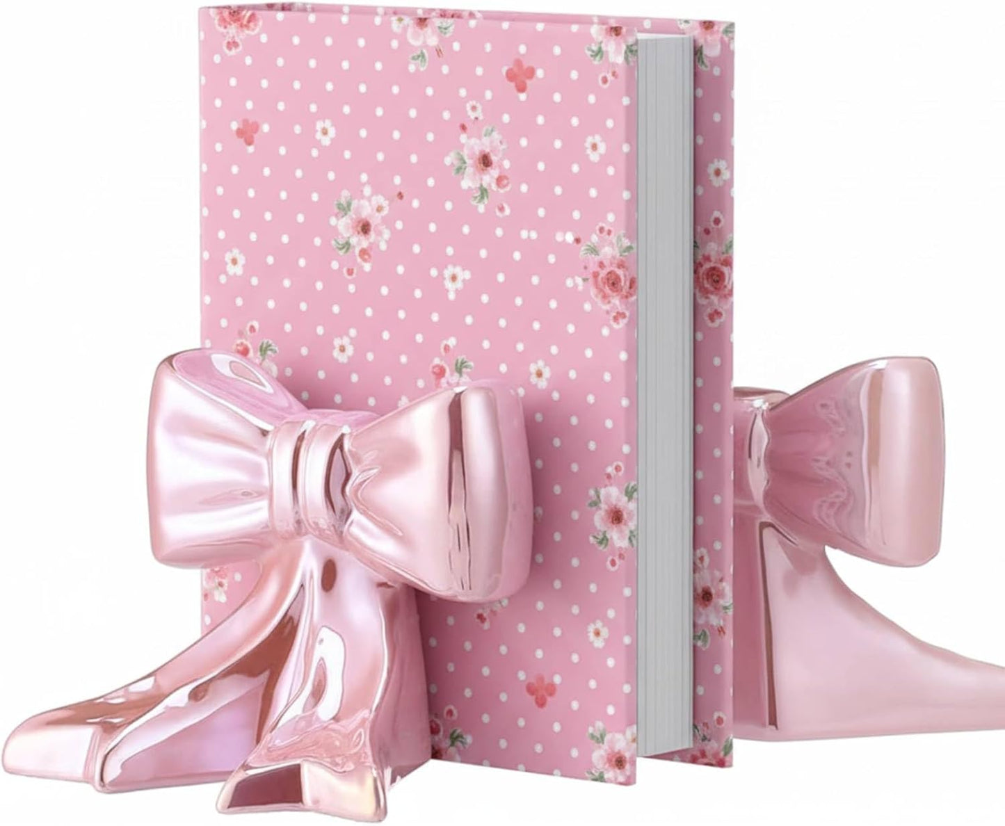 Leinuosen 2 Pcs Pink Bow Bookends Ceramic Cute Book Ends Decorative Book Stand Bow Sculpture Statues Tabletop Shelf Ornament Room Decor for Home Office School Dorm Girl Desk