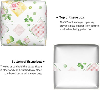 Famame Pink Yellow Roses Gingham Tissue Box Cover Leather Decorative Square Tissue Cube Boxes Holder with Bottom Belt Case Organizer for Bathroom Home Car Decor