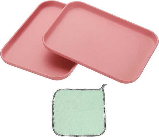 PATIKIL 7.9x5.9 Plastic Tray, 2 Pack Rectangular Plates Small Food Tray Wheat Plates Dishes Reusable Dessert Plate Trays with Cloth for Cake Fruits Salad Cupcake Steak Serving Pink