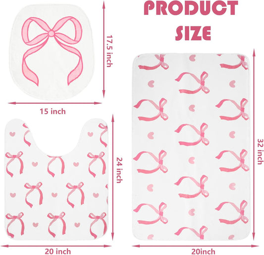 JarThenaAMCS 3Pcs Pink Bow Bathroom Mat Set Includes Cute Tufted U-Shaped Contour Toilet Rug Bathmat and Toilet Lid Cover for Luxury Bathroom Decoration