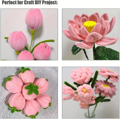 AHAMETON 620Pcs Pink Yellow Pipe Cleaners Complete Craft Kit with Wires, Pom Poms, Stamens and Card, All-in-One DIY Flower Craft Supplies for Creative Wedding Gifts Home Decor, Party & School Crafts